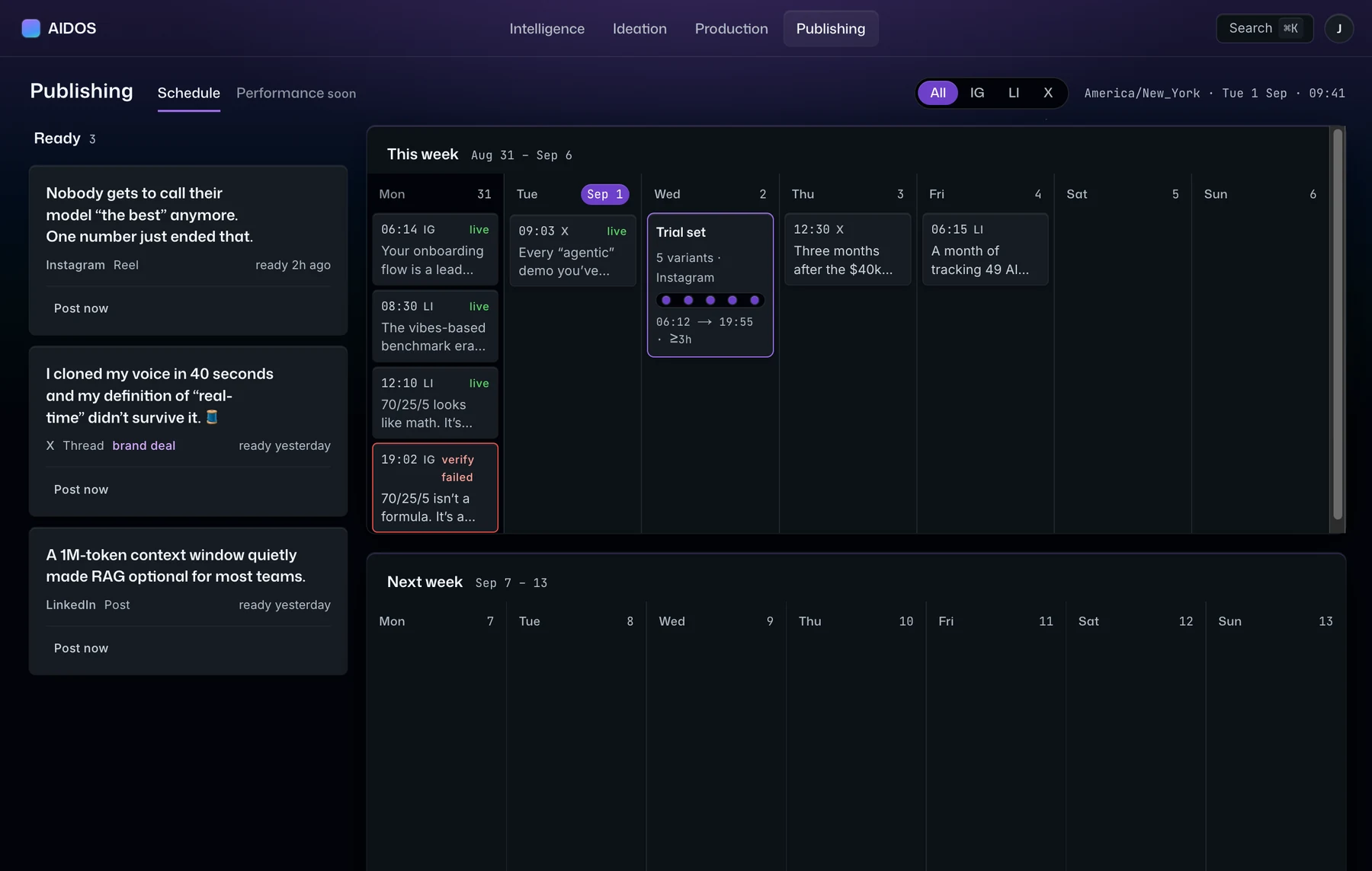 The Publishing view: a ready queue of posts on the left and a weekly calendar on the right with scheduled posts per day across Instagram, LinkedIn and X, including a live state, a failed verification, and a trial set of variants.